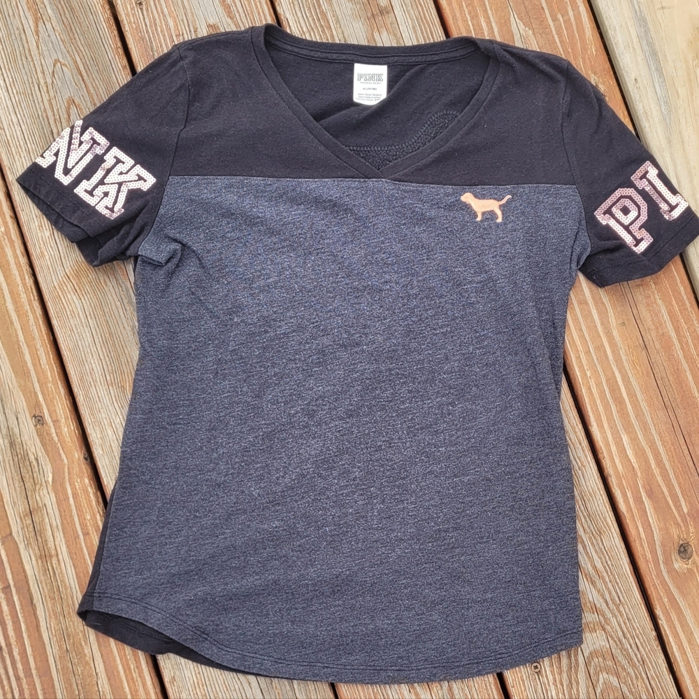 Victoria's Secret PINK Womens Large V Neck Sequin PINK Dog Y2K Style T Shirt